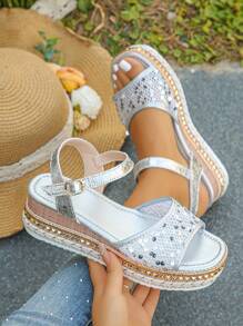 Giày sandal đế xuồng bằng vải lanh mùa hè cỡ lớn 36-43 đế dày đế xuồng lưới bạc đính đá lấp lánh, đế dày cho nữ, mặc hàng ngày, tăng chiều cao - Bạc - Xem 2