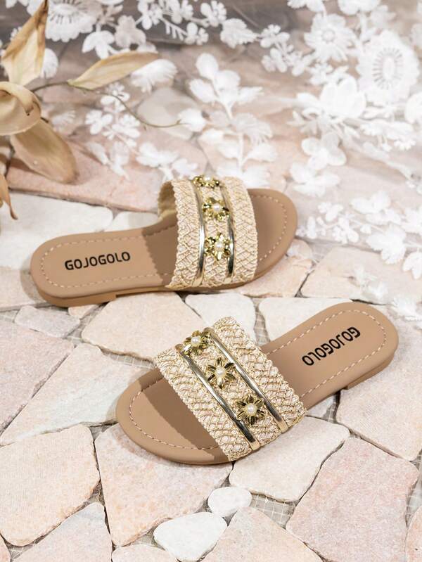 1 paar meisjes faux button slip-resistant ronde neus platte strand sandalen, geschikt voor dagelijks gebruik