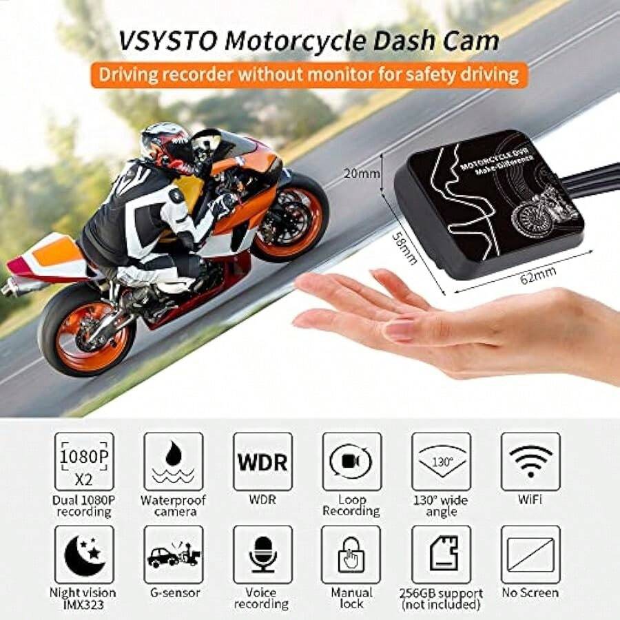 VSYSTO Motorcycle Dash Cam Front And Rear Dual Lens 1080P Motorcycle