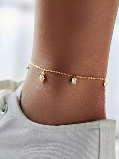 SYMFNY 1pc 925 Silver Elegant Cubic Zirconia Octagram Pendant Anklet, Suitable For Women's Daily & Vacation Wear, Women's Jewelry Gift