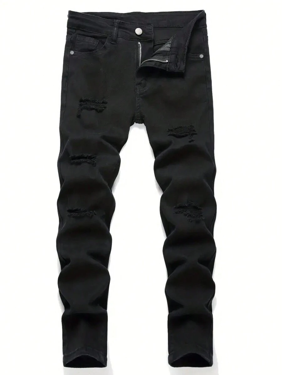 Teen Boy Fashion Casual Ripped Straight Leg Jeans - Black - View 1