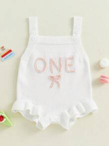 First Birthday Outfit Girl Sleeveless Bow One Embroidered Crochet Knit Romper Baby Girl 1st Birthday Clothes Summer One Piece - 白色 - 查看 1