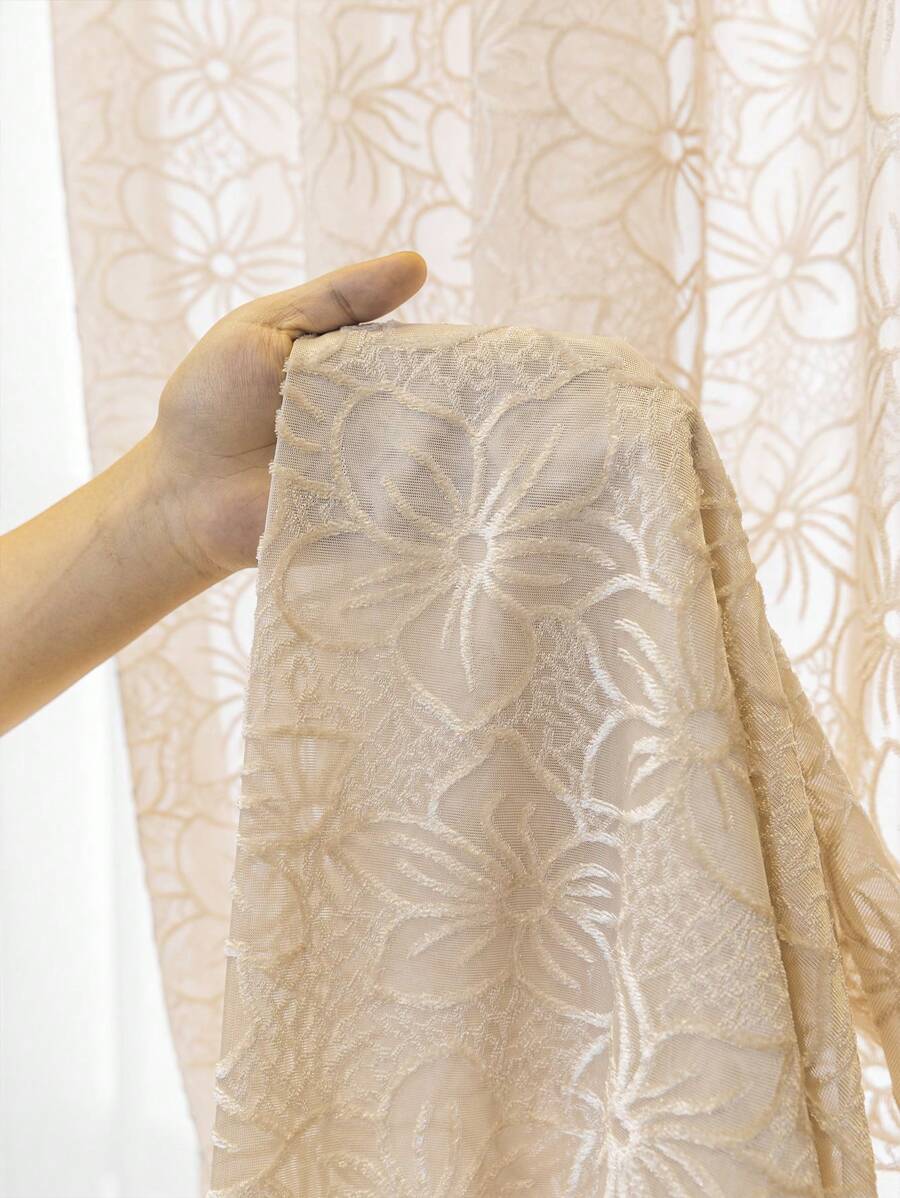 1 pieza Cortina traslúcida de estilo europeo con patrón floral de sakura flockado, semi-transparente y reforzada, para sala de estar, dormitorio, balcón, comedor, de color gris minimalista y elegante, decoración para el hogar - Beis - Ver 1