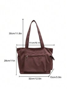 Bolso de hombro de gran capacidad de unicolor con múltiples bolsillos, bolso de tela portátil para ir al trabajo, viajar, ir a la escuela y hacer compras - Marrón - Ver 7