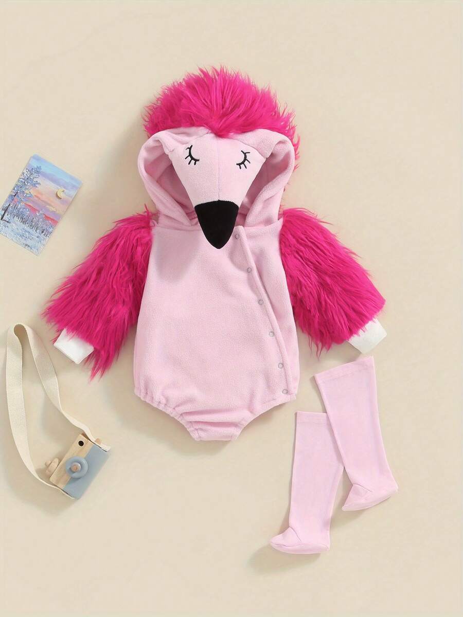 Baby Flamingo Costume Fuzzy Long Sleeve Romper With Leg Warmers Halloween Outfits For Boys Girls - 粉色 - 查看 1