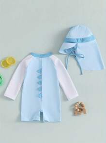Traje de baño Rash Guard para niños pequeños con estampado de dinosaurios en colores contrastantes, manga larga, cuello alto, cremallera y gorro - Azul cielo - Ver 3