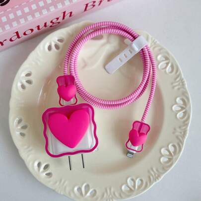 5 piezas de funda protectora con forma de corazón de rosa para cable enrollado de cargador rápido de 18W/20W para iPhone, funda suave protectora para cargador de 16/15/14/13, regalo ideal