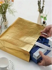 5pcs Reusable Gold Color Glossy Handle Shopping Tote Bag, Large Gift Bag For Weddings, Birthdays, Parties, Made Of Non-Woven Fabric