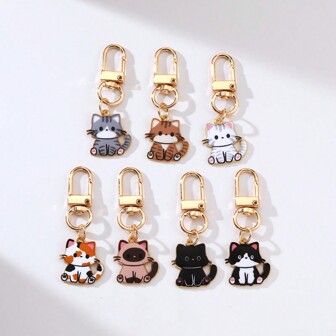 7pcs Cute Alloy Cat Keychain, Cartoon Cat Pendant, Anime Bag Decor, Gift For Cat Lover Friends Car Accessories Bag Charm School Goth Y2k