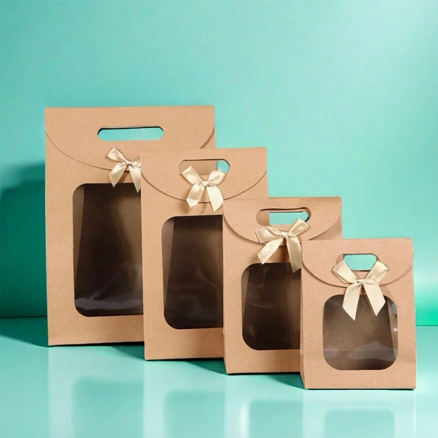 1 pieza Bolsa de papel Kraft con ventana transparente y decoración de moño, bolsa de embalaje y exposición de flores de vacaciones, cantidad mínima de pedido 2 piezas - Multicolor - Ver 1