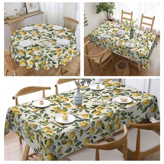 1 件柠檬绿叶印花防水防油可洗桌布，户外厨房餐桌装饰，春夏