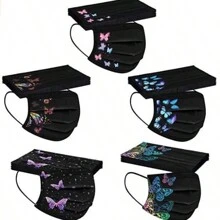 50pcs Color Butterfly Print Black Model Women's Adult Mask Disposable Three-Layer Spunlace Non-Woven Protective Skin-Friendly Mask - Women's Butterfly Multicolor Mask - View 2