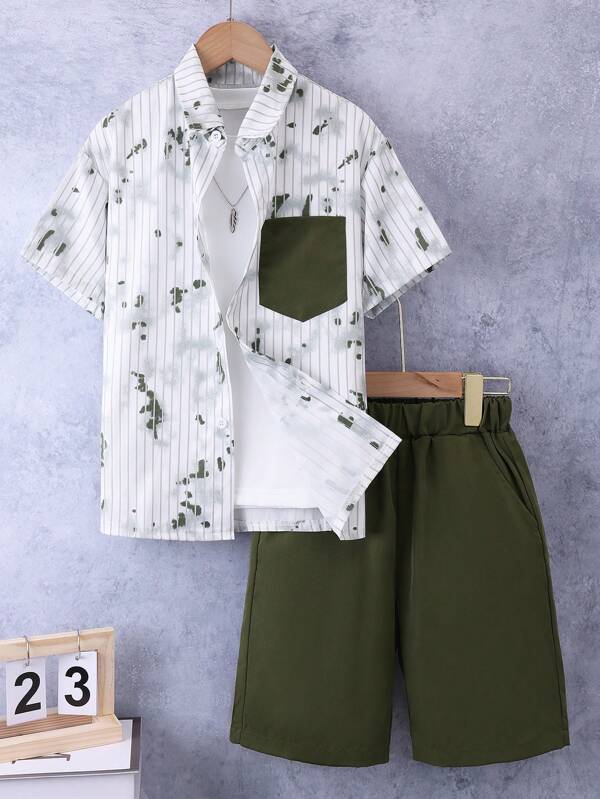 2pcs/Set Boys' Summer Striped Colored Print Shirt & Casual Shorts Set