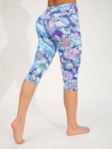 女士蓝色花卉印花紧身裤，弹力紧身裤，适合休闲、健身、锻炼、跑步、举重、瑜伽、居家室内、户外活动、海滩派对，七分之一长度，适合散步、购物 - 淺藍色 - 查看 7