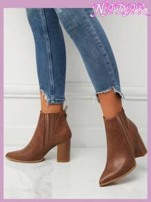 Women's Autumn/Winter Fashion Pointed Toe Chunky Heel Anti-Slip Chelsea Boots, Outdoor/Commute Artificial Leather Short Boots,Boots For Women - Brown - View 3