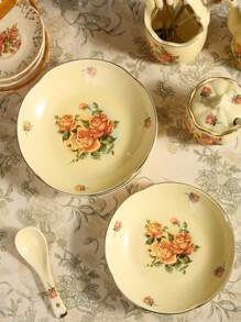 1 件玫瑰印花陶瓷圆盘，7 英寸/8 英寸深盘，适合餐厅/家庭用餐、沙拉、意大利面 - 彩色 - 查看 3