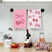 Pink Bow Kitchen Towel, Dish Cloth, Hand Towel, Holiday Decor Towel, Soft Absorbent Drying Cloth, Kitchen Decor, Tabletop Decor, Kitchen Supplies, Home Decor