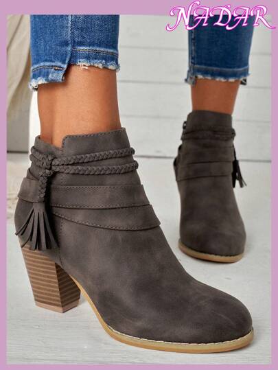 Women's Fringe Round Toe Block Heel Short Boots, Style With Sweater,Vintage Streetwear Khaki PU Leather High Heel Ankle Boots For Fall/Winter