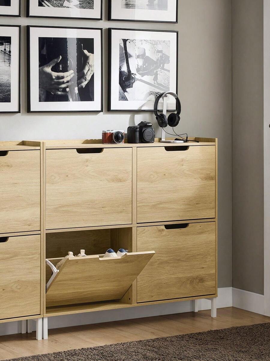 SoBuy 4 Flip-Drawers Shoe Cabinet Shoe Rack Shoe Storage Cupboard Organizer Unit Natural W100 X D19 X H90cm FSR100-N