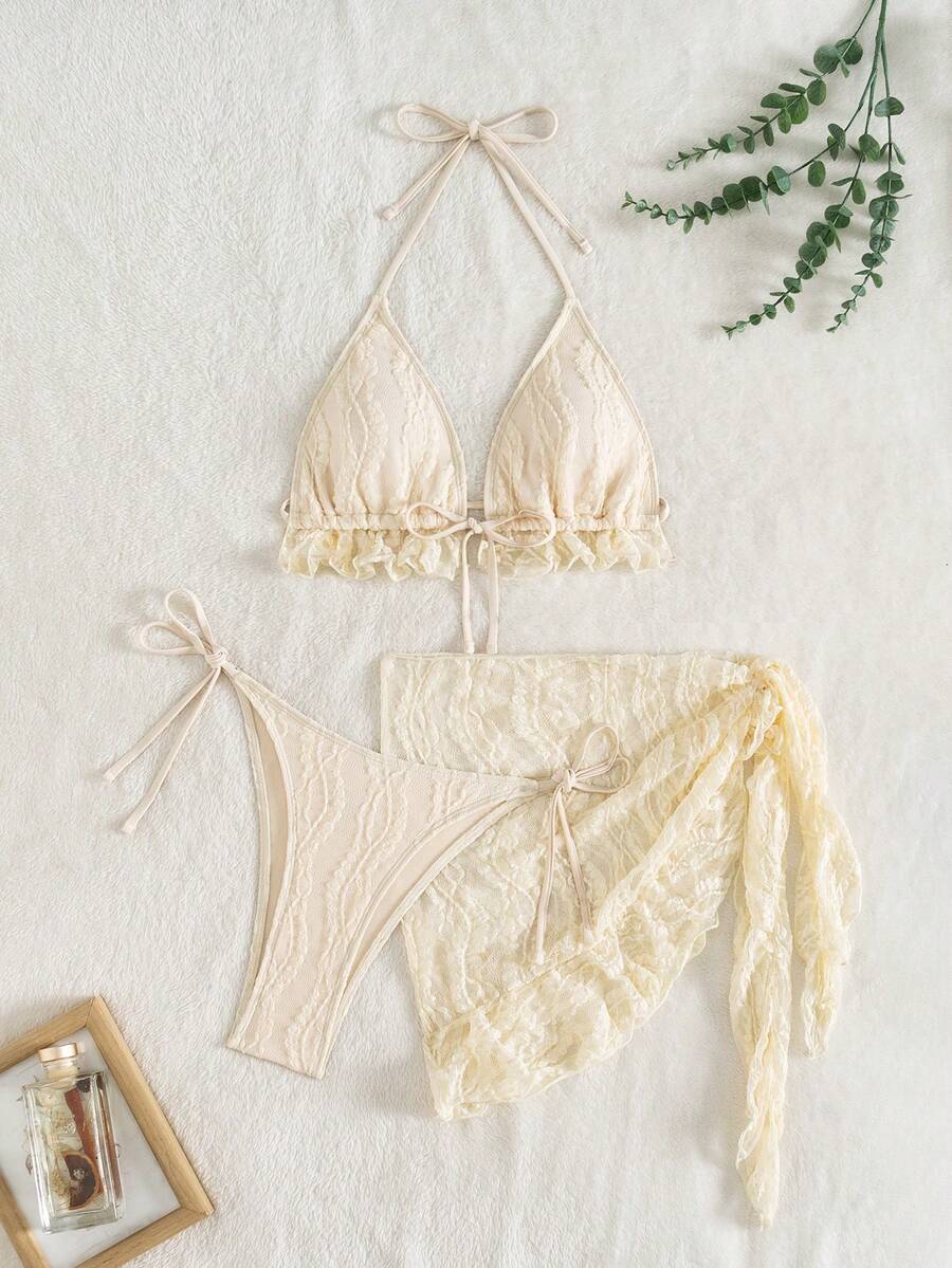 3 件套纯色蕾丝透明超短比基尼，时尚性感泳装，适合浪漫度假 - 杏色 - 查看 1