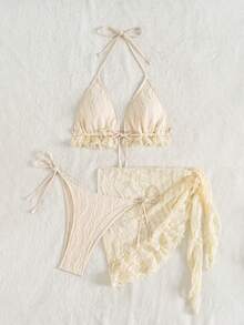 3 件套纯色蕾丝透明超短比基尼，时尚性感泳装，适合浪漫度假 - 杏色 - 查看 2