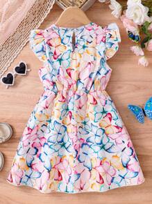 Girls Spring/Summer Cute & Stylish Butterfly Print Dress, Round Neck Cap Sleeve, Children Casual Comfortable Soft Outdoor Activity Party Holiday Elegant Dress, Girl Summer Outfit