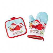 Christmas Oven Mitts And Potholder Non-Slip Heat Resistant Cooking Gloves Hot Bowl Pad With Loop For Kitchen - Teal Blue - View 2