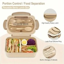Reusable Divided Bento Lunch Box Set, Microwave & Dishwasher Safe, Leakproof, Portable Large Capacity Food Container With Fork And Spoon, With Leakproof, For Office, Cafeteria, Backyard, Home Kitchen