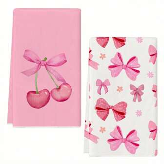 粉色蝴蝶结厨房毛巾、洗碗布、手巾、节日装饰毛巾、柔软吸水干燥布、厨房装饰、桌面装饰、厨房用品、家居装饰