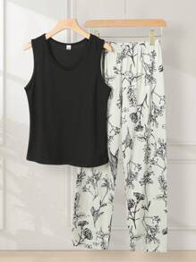 Conjunto de pijama de mujer con top sin mangas en unicolor y pantalones con estampado floral ditsy, ropa de alta gama de estilo francés para el verano - Multicolor - Ver 2