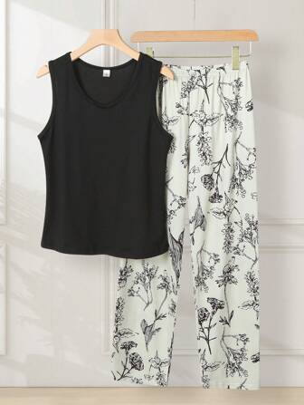 女士轻盈纯色无袖套头衫和碎花长裤睡衣套装，高端法式夏季家居服