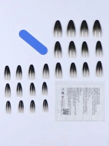 24pcs Ombre Black French Manicure Nail Stickers, Short Coffin Shape Black Ballet Shoes Fake Nails, Glossy Adhesive Nail Art, Reusable Artificial Nails, Ideal For Valentine's Day, Wedding Manicure Nail Supplies - Black - View 3