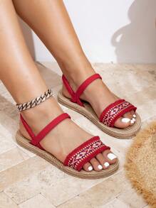 Sandalias planas de moda para mujer, pantuflas de playa antideslizantes, sandalias planas de estilo bohemio, sandalias elegantes con banda elástica para primavera y verano - Rojo - Ver 2