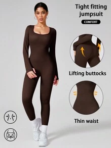 NcmRyu 1 Set Seamless Women Solid Color Long Sleeve Jumpsuit With Tight Fit U Neckline Comfortable Activewear For Fitness Gym Running And Outdoor Activities Summer Conjunto Deportivo Mujer - 棕色 - 查看 5