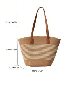 Fashion Vacation Straw Tote Bag For Women, Large Capacity Shoulder Bucket Bag, Versatile Office Work Travel Handbag, Beach Necessities,Beach Essentials,Beach Stuff & Summer Essentials, Hottest Beach Bags - Brown - View 12