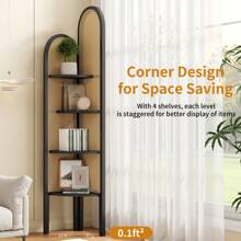 4 Tier Corner Shelf Stand, Solid Wood Boho Rattan Shelves With Wicker Weave For Bedroom Living Room, Tall Fan-Shaped Corner Bookshelf - Black - View 5