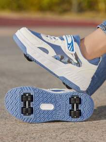 BLSART Unisex Kids' Double-Row 4-Wheel Detachable Roller Shoes, Multi-Color Contrast Fabric, Breathable, Hook And Loop, Letter Design, TPR Thick Sole, Concealable Wheels, Student Commuter Skating Sneakers - Blue and White - View 3