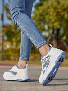 BLSART Unisex Kids' Double-Row 4-Wheel Detachable Roller Shoes, Multi-Color Contrast Fabric, Breathable, Hook And Loop, Letter Design, TPR Thick Sole, Concealable Wheels, Student Commuter Skating Sneakers - Blue and White - View 4