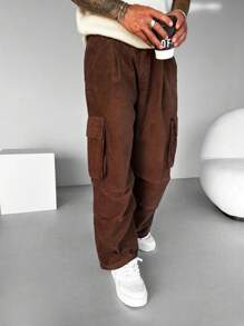Men's Corduroy Straight Leg Casual Pants, Simple Fashion Everyday Wear - Coffee Brown - View 3