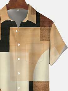 Vintage Geometric Colorblocked 3D Print Men's Button-Down Short Sleeve Shirt - Khaki - View 4