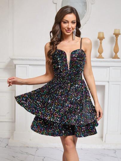 YUMIBRAVO Abito corto da donna con scollo a V in paillettes, abito da sera elegante per feste, compleanni e matrimoni