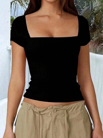 大码女式休闲修身方领纯色短袖 T 恤，春/夏