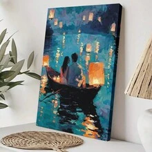 Wrapped Framed Canvas Vintage Print Wall Art Romantic Couple In Boat With Lanterns - Artful Home Decor For Living Room, Bedroom, Bathroom, Office
