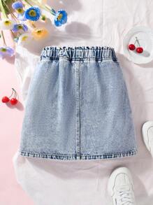 Tween Girl Cherry Print Casual Straight Denim Skirt, Fashionable & Unique Summertime - Medium Wash - View 2