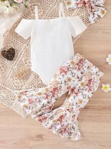 3Pcs Baby Girl Spring Outfits, Short Sleeve Cold Shoulder Romper + Flare Pants + Headband Set - White - View 2