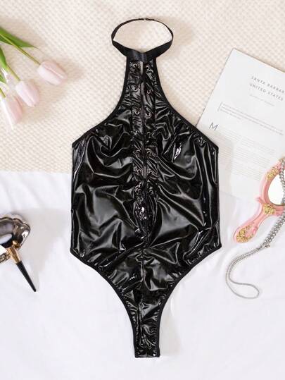 PU Leather Verleidelijke Bodysuit Straps Open Crotch, Home, Nightclub, Motorcycle Riding Sleepwear, Rave view 6