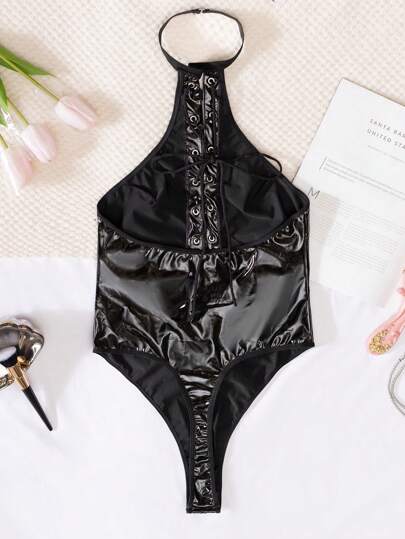 PU Leather Verleidelijke Bodysuit Straps Open Crotch, Home, Nightclub, Motorcycle Riding Sleepwear, Rave view 7