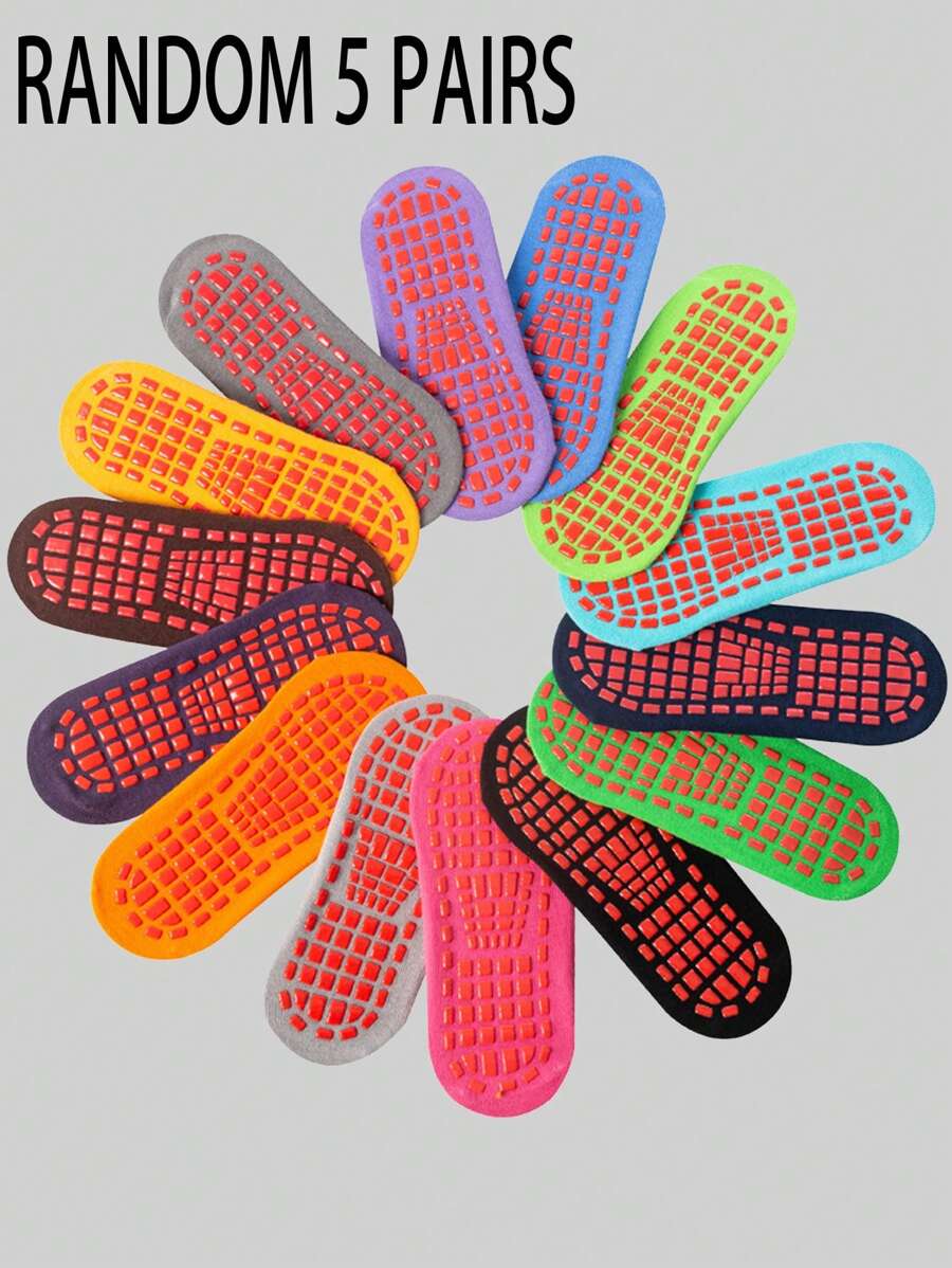 Random 5 Pairs Of Anti-Slip Gel Trampoline Yoga Short Socks, Gym, Fall - Multicolor - View 1