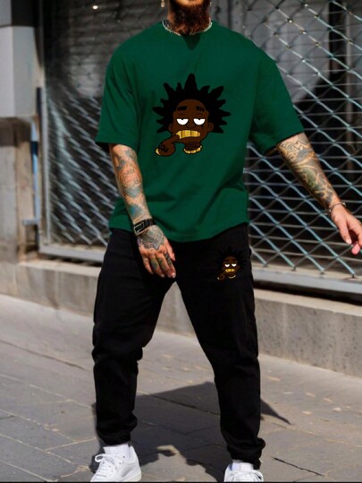 Men's Casual Big Teeth Graphic Short Sleeve T-Shirt And Long Pants Set, For Daily Wearing