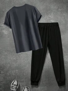 男士英式 H 设计休闲短袖 T 恤和裤子 2 件套服装 - 灰色 - 查看 3